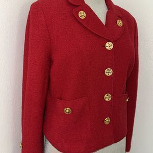 Adolfo Saks Fifth Avenue red wool skirt suit jacket 6 medium m gold